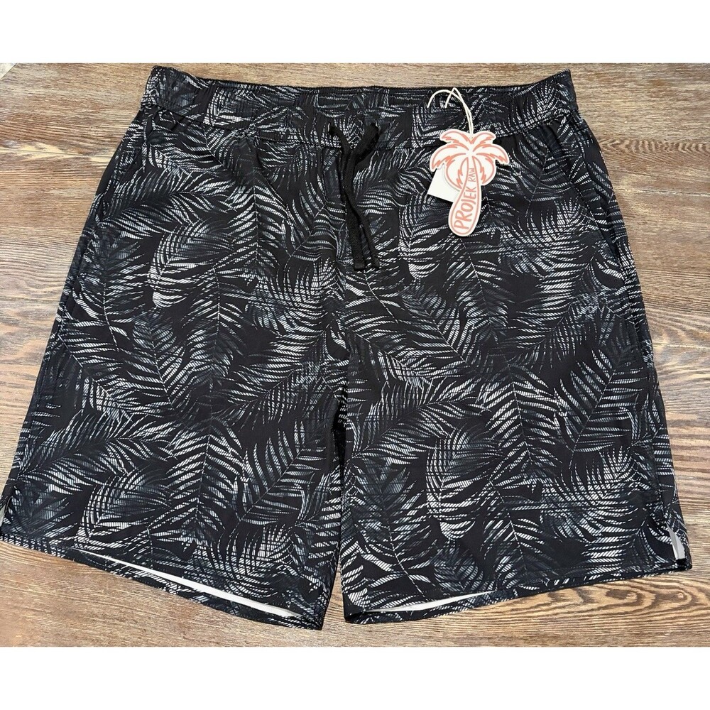 PROJEK RAW Black Tropical Palm Print Beach Swim Shorts - Sz X Large - NWT